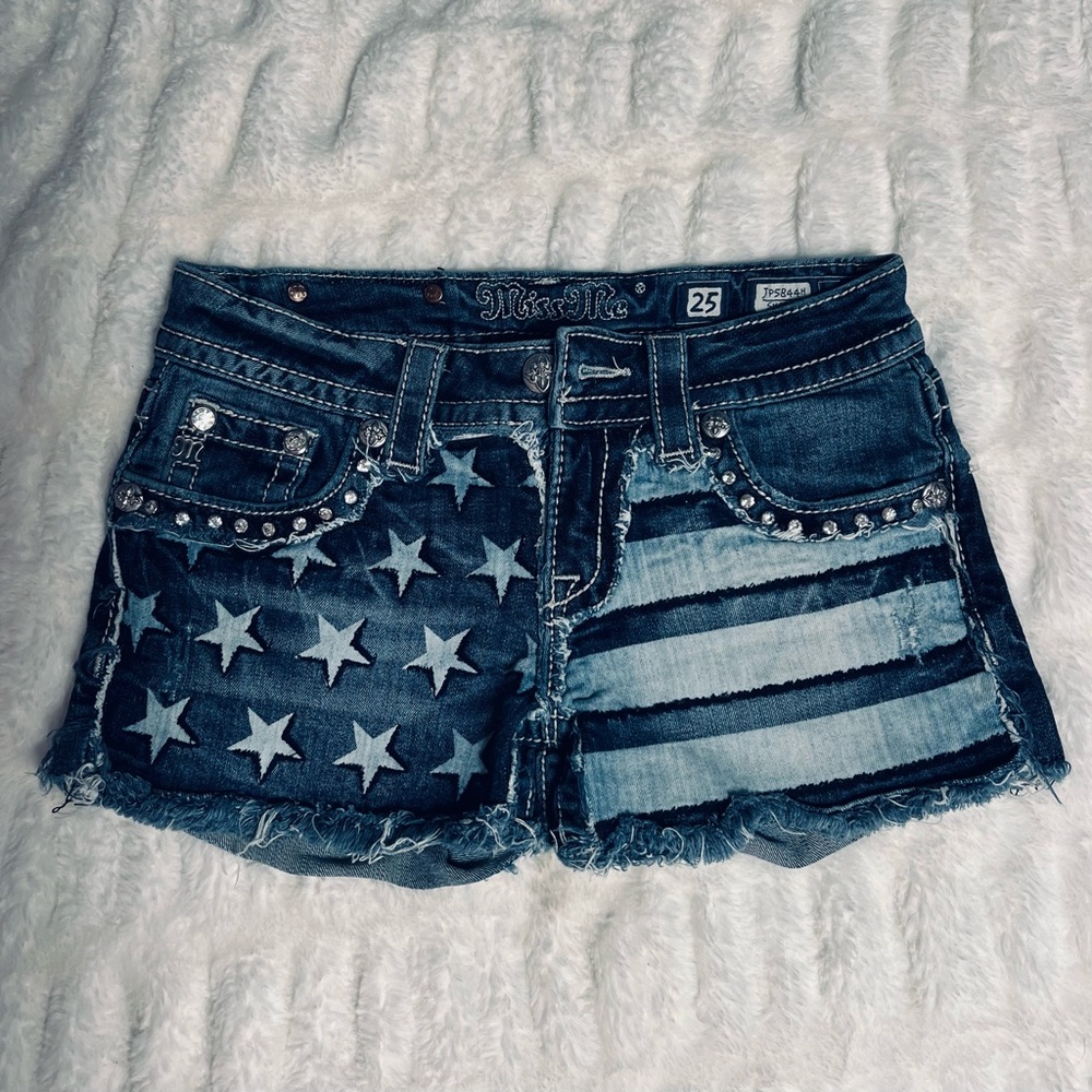 Miss Me Blue and White Star Stripe Denim Shorts
